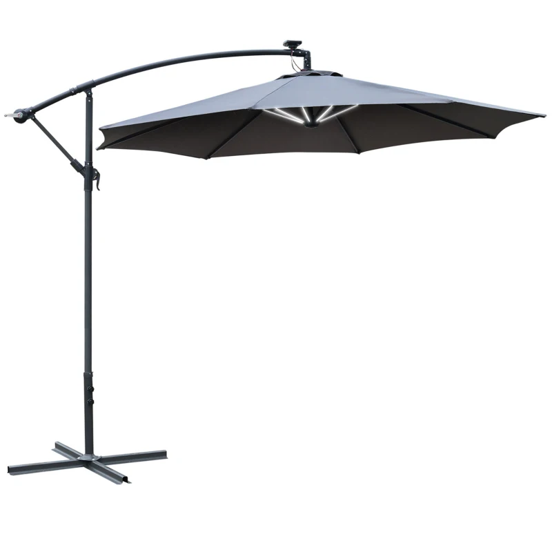 Outsunny 10ft Cantilever Solar Hanging Offset Umbrella Outdoor LED Lights Aluminum Market Banana Parasol Crank w/ Cross Base Garden Sun Shelter Grey