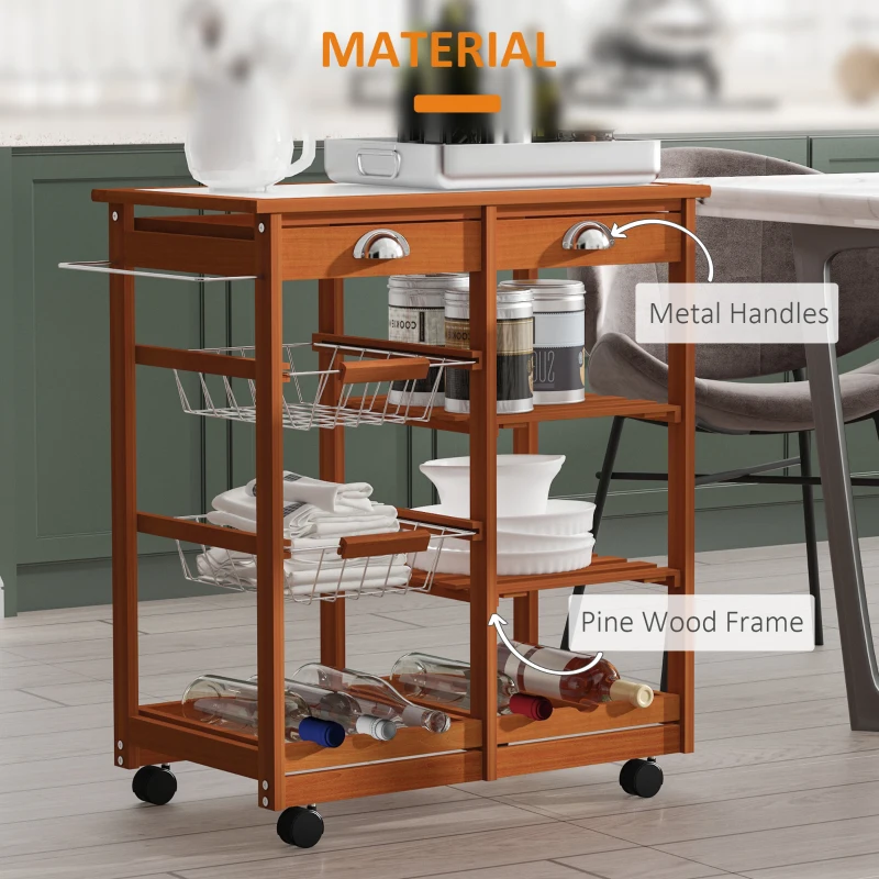 HOMCOM Wooden Rolling Kitchen Cart, Tile Counter Top Kitchen island on Wheels with Towel Rack, 2 Drawers, 2 Shelves, Wire Baskets & Wine Rack, Natural
