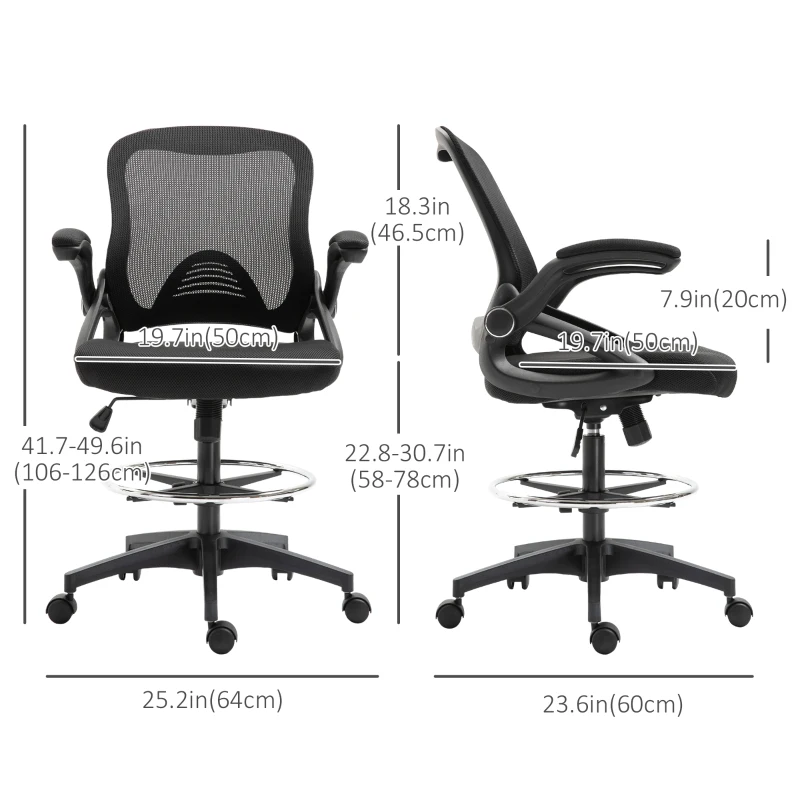 Vinsetto Adjustable Drafting Chair Tall Office Stand-Up Chair with Flip-up Armrest and Foot Ring, 360° Swivel, Black