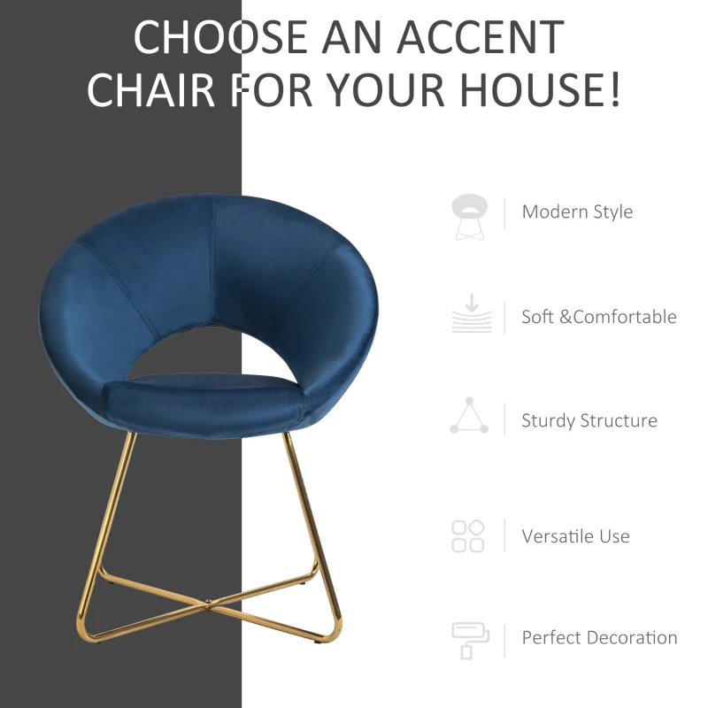 HOMCOM Modern Accent Velvet Chair Open Curved Mid-Back Upholstered Vanity Chair with Gold Plating Metal Legs for Living Room/Office/Reception Blue