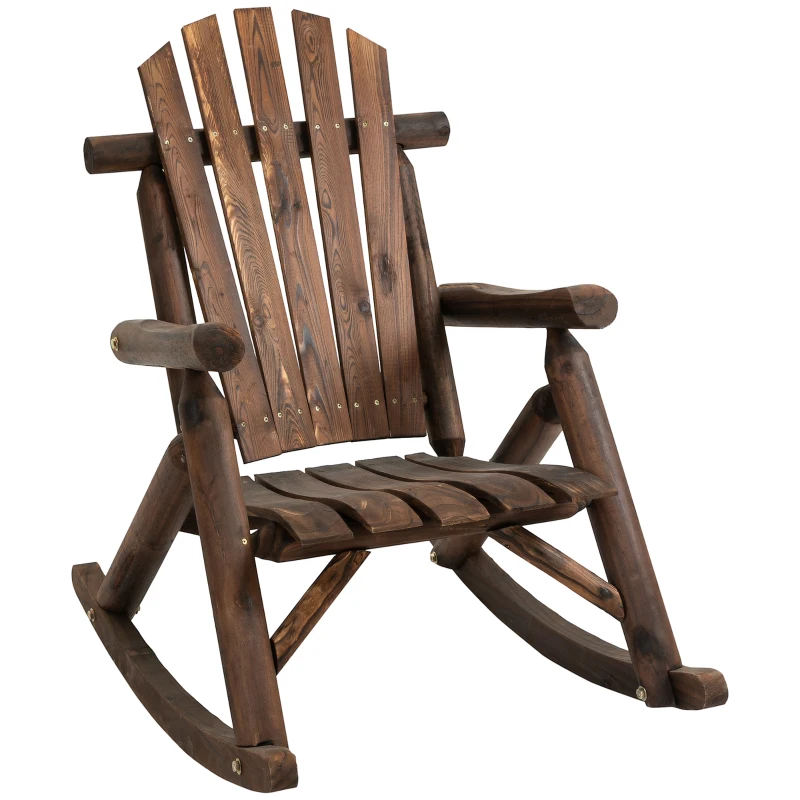 Outsunny Outdoor Wooden Rocking Chair, Single-Person Adirondack Rocking Patio Chair with Rustic High Back, Slatted Seat and Backrest for Indoor, Backyard, Garden, Carbonized