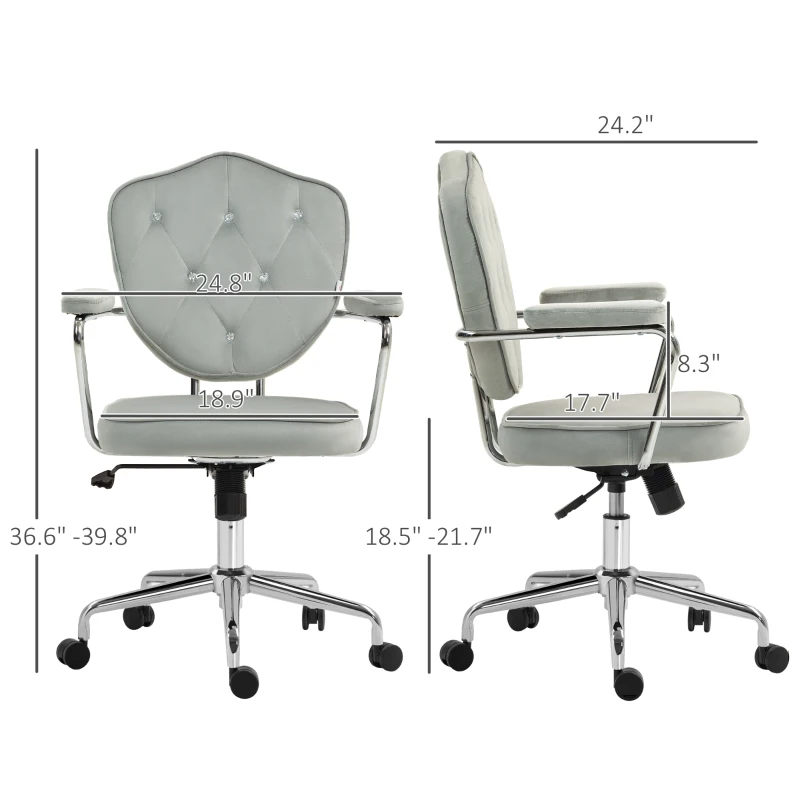 HOMCOM Cute Office Chair, Desk Chair with Button Tufted Velvet-Feel Fabric, Swivel Computer Vanity Chair, Gray