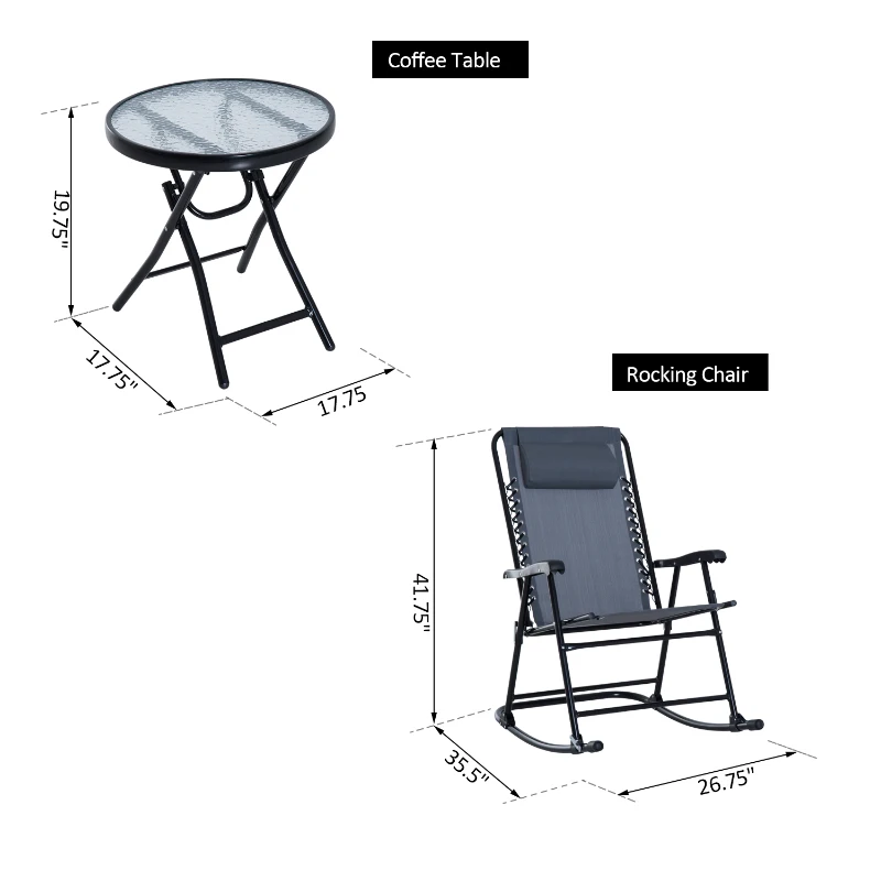 Outsunny 3pc Patio Rocking Chair Set, Folding Outdoor Rocking Chairs and Table Bistro Set w/ Breathable Mesh Seat & Backrest, Headrest for Park, Backyard, Garden, Grey