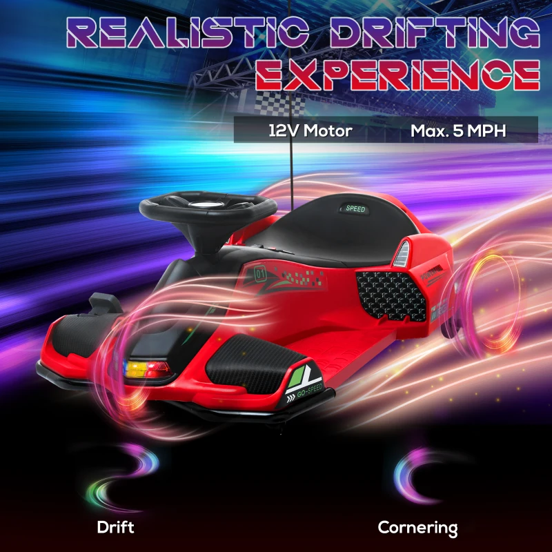 Aosom 12V Electric Drifting Go Kart w/ Slow Start, Music, Lights, Red
