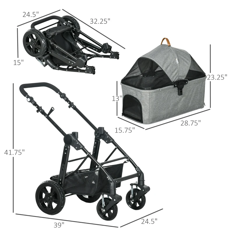 PawHut 2 in 1 Foldable Dog Stroller with Suspension, Detachable Carriage, Adjustable Canopy, Safety Leashes and Storage Basket, Grey