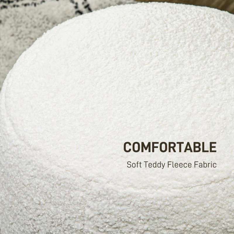 HOMCOM Round Ottoman, Upholstered Foot Stool, Teddy Fleece Fabric for Living Room, Entryway, White