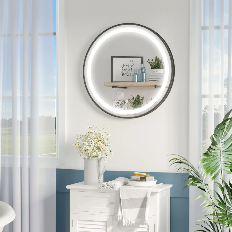 kleankin 24-Inch Lighted Bathroom Mirror for Wall, Dimmable LED Mirror with Memory Function, Round Mirror for Wall Decor