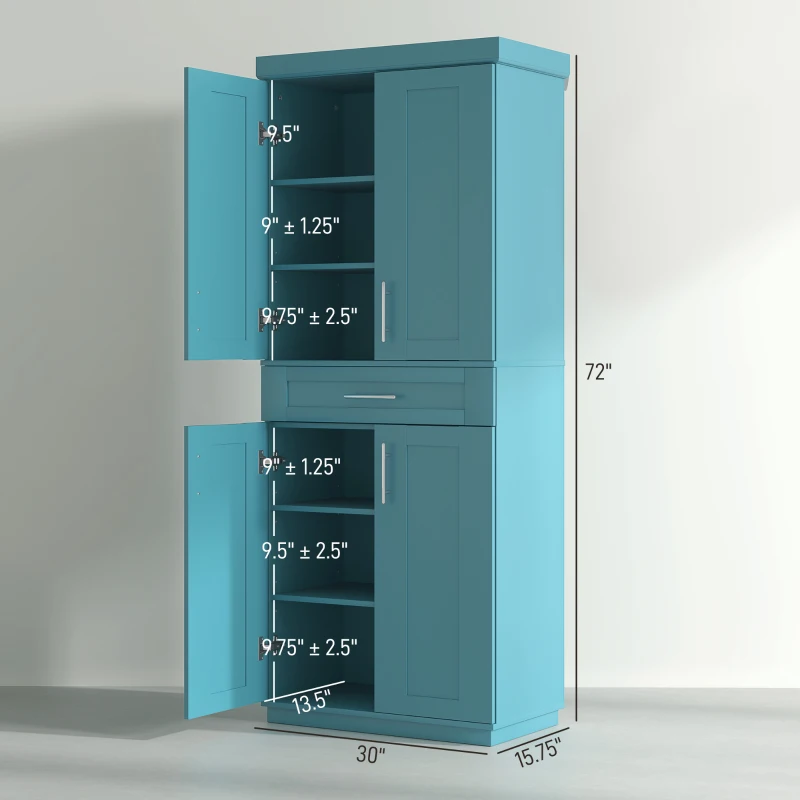 HOMCOM Modern Kitchen Pantry Freestanding Cabinet Cupboard with Doors and Drawer, Adjustable Shelving, Turquoise