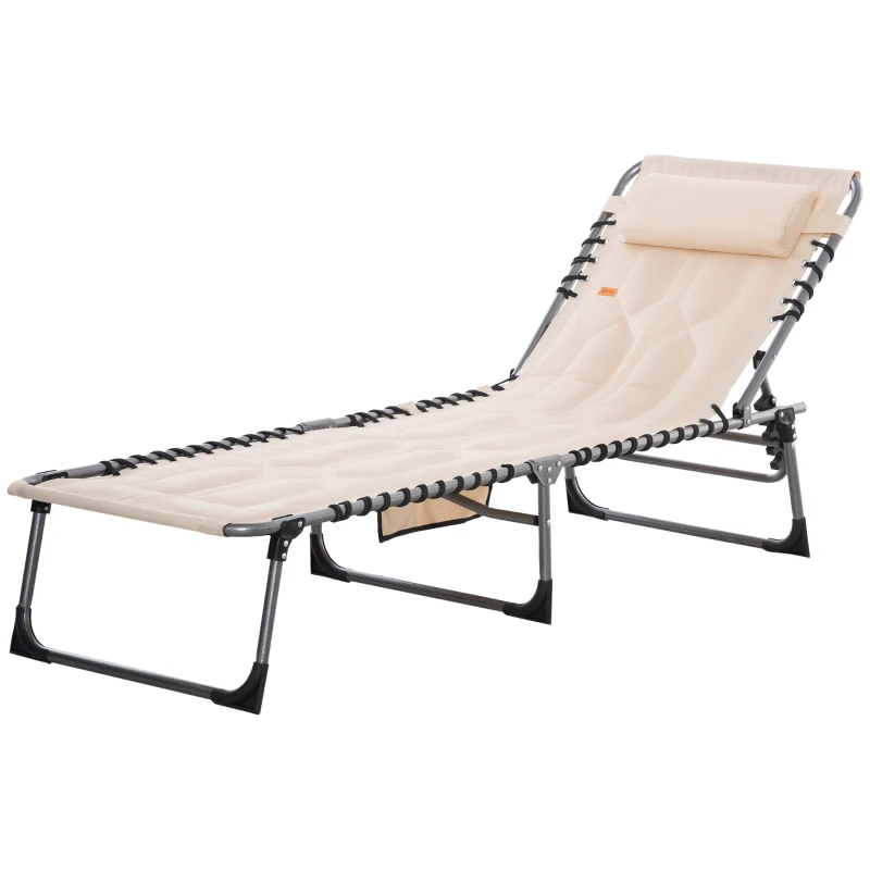 Outsunny Outdoor Lounge Chair, Folding Chaise Lounge, Patio Padded Tanning Chair with 5-position Adjustable Backrest, Pillow and Pocket for Deck, Beach, Lawn and Sunbathing, Beige