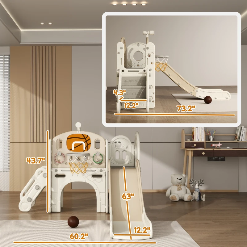 Qaba 7-in-1 Toddler Slide, Kids Slide for Ages 1-6 Years w/ Ring Toss, Basketball Hoop, Telescope Climber, Storage Space