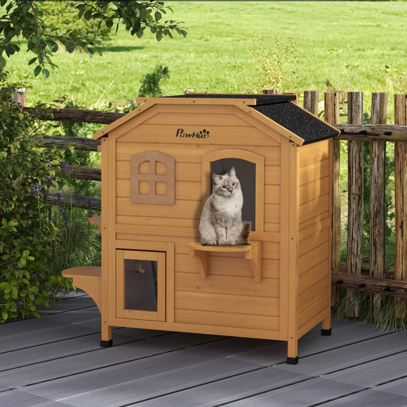 PawHut 2-Storey Outdoor Cat House, Wooden Catio with Openable Roof, Lounge Space, Fun Entrances, for Feral Cats, Yellow