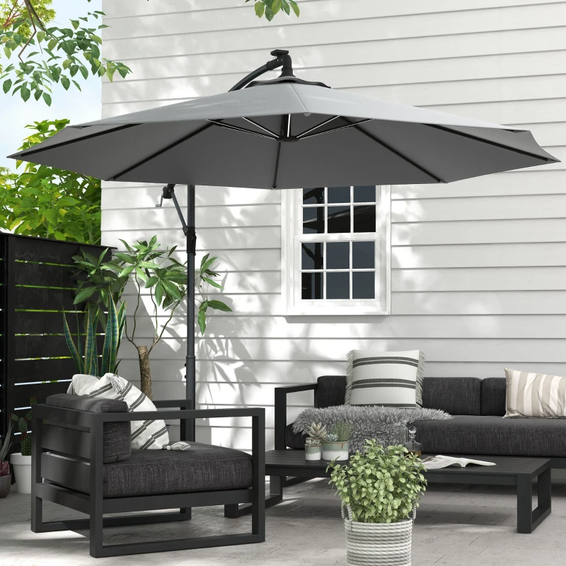 Outsunny 10ft Outdoor Cantilever Hanging Offset Umbrella with Solar LED Lights, Crank, Cross Base, Aluminum Frame, Grey