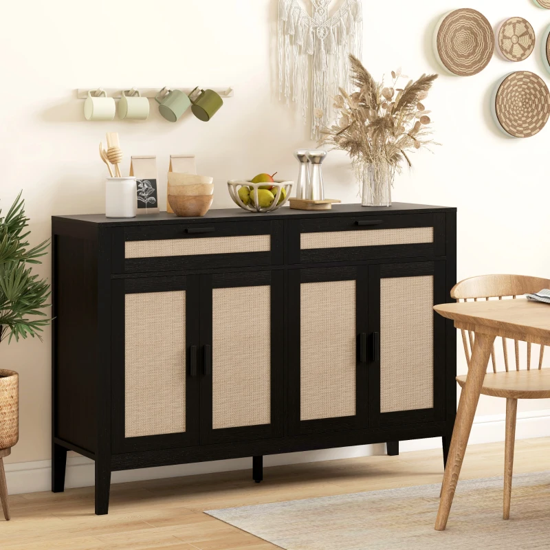 HOMCOM Kitchen Sideboard Cabinet, Boho Buffet Table with Decorative Rattan Doors and Drawers for Dining Room, Black