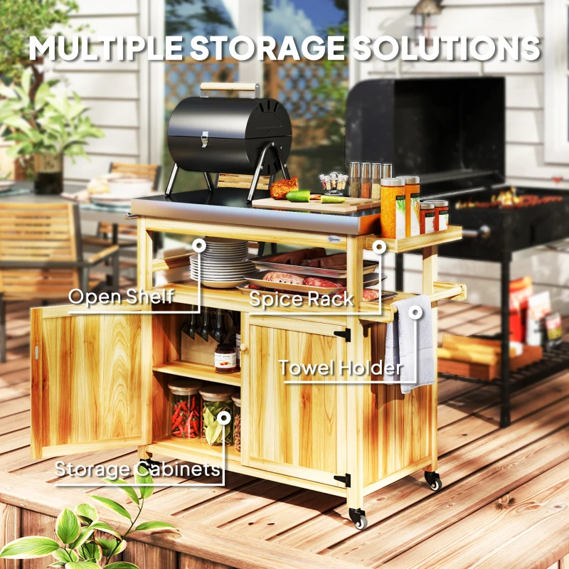 Outsunny Outdoor Grill Cart w/ Stainless Steel Top, Solid Wood Outdoor Kitchen Island w/ Wheels, Storage Cabinets, Natural Wood