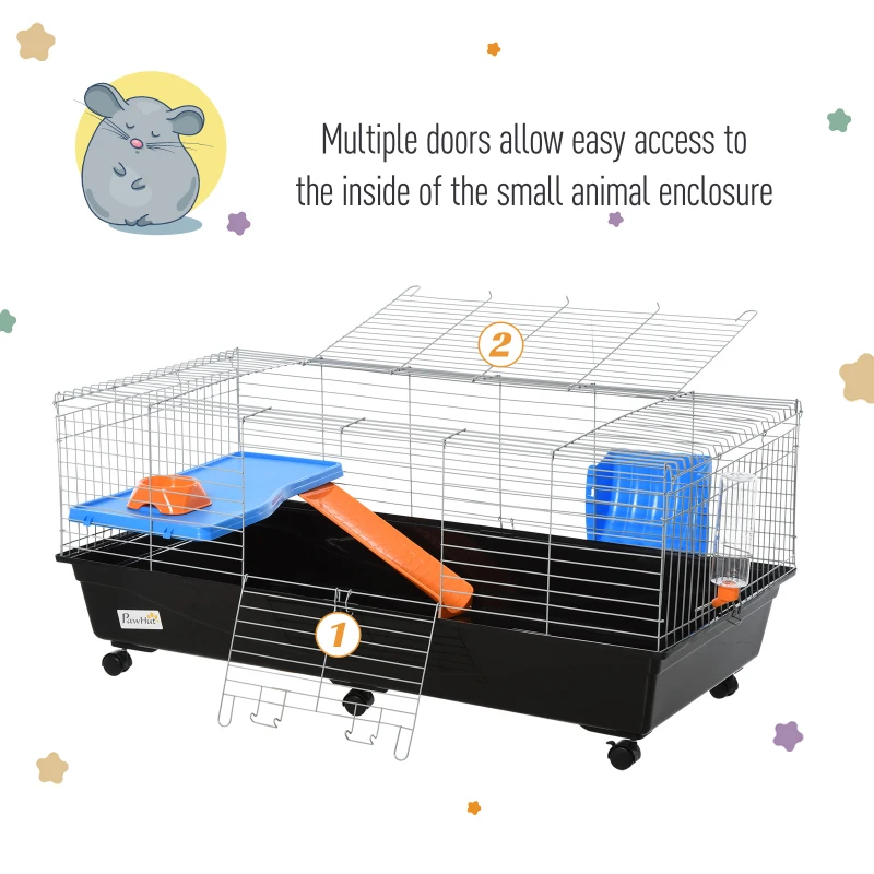 PawHut 47" Small Animal Cage, Rolling Guinea Pig Cage with Food Dish, Water Bottle, Hay Feeder, Platform, Ramp, Black