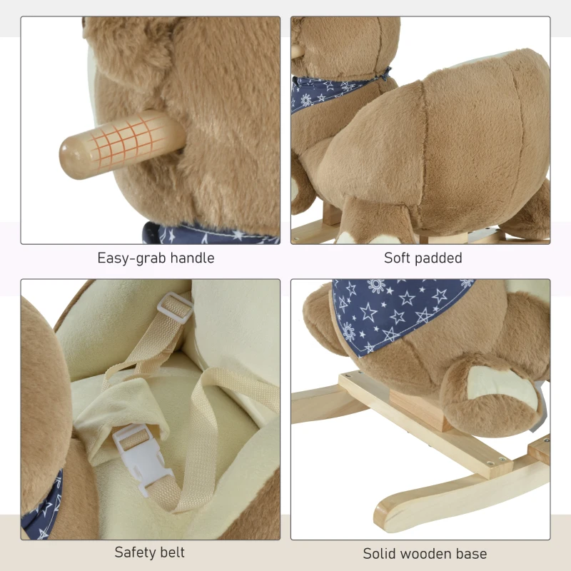 Qaba Baby Rocking Horse with Lullaby, Ride On Horse, Bear Themed Plush Animal Rocker with Pedals for Ages 18-36 Months, Easy to Assemble