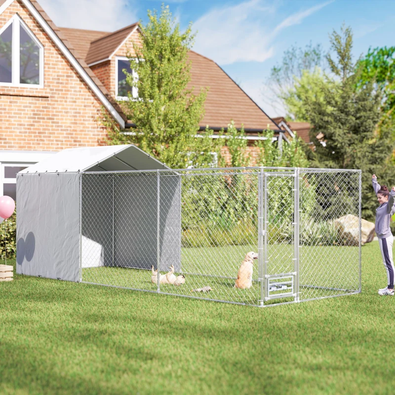 PawHut Galvanized Chain Link Large Outdoor Dog Kennel with Waterproof & UV-Resistant Cover, for M&L Dogs, 19.7' x 7.5' x 7.5'