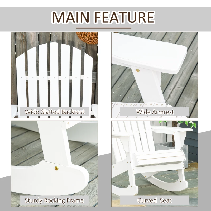Outsunny Wooden Adirondack Rocking Chair Outdoor Lounge Chair Fire Pit Seating with Slatted Wooden Design, Fanned Back, White