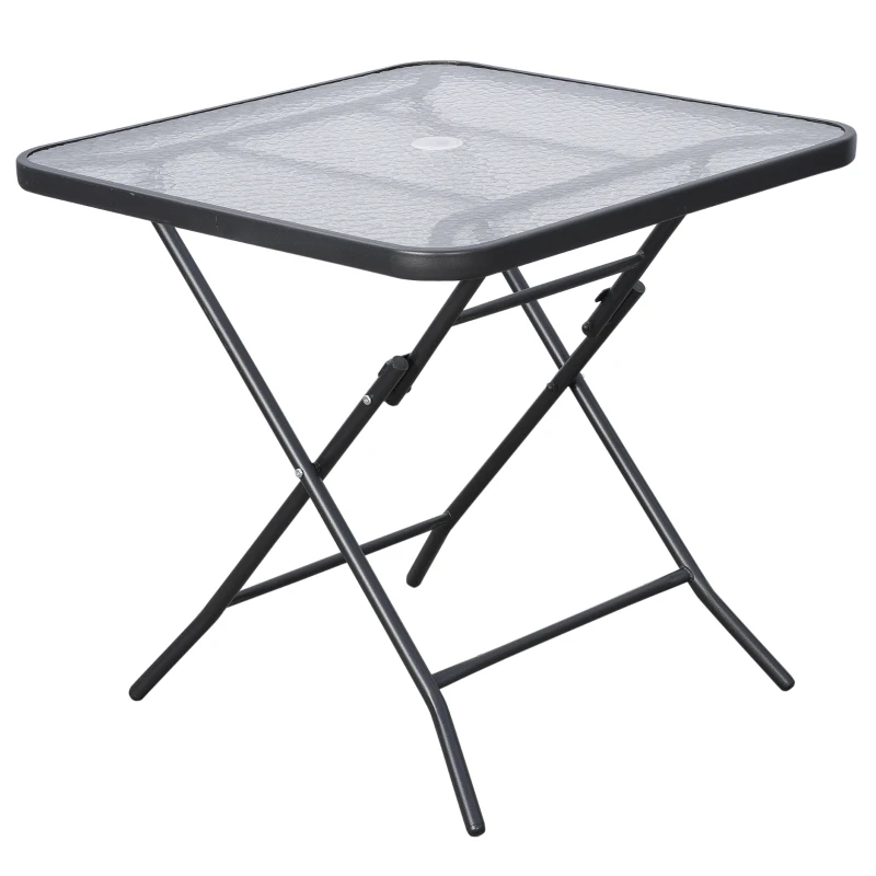 Outsunny 30" Square Outdoor Dining Table, Foldable Patio Table with Umbrella Hole, Water-Grain Glass Top Coffee Table for Balcony, Poolside, Black