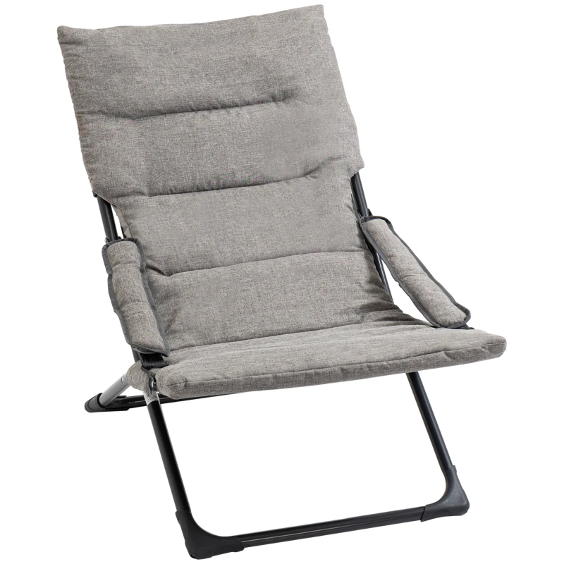 Outsunny Folding Lounge Chair, Mesh Fabric Lounger with Thick Padded Cushion and Armrest, Camping Beach Chair for Poolside, Deck, Backyard, Grey