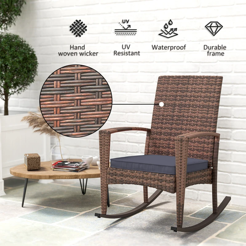 Outsunny Outdoor PE Rattan Rocking Chair, Garden Glider Rocking Chair, Wicker Patio Chair Set with Armrest and Cushion, Dark Blue