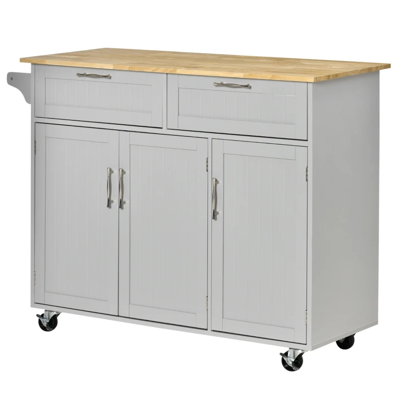 HOMCOM Mobile Kitchen Island with Storage, Kitchen Cart with Wood Top, Storage Drawers, 3-door Cabinets, Adjustable Shelves and Towel Rack, Gray
