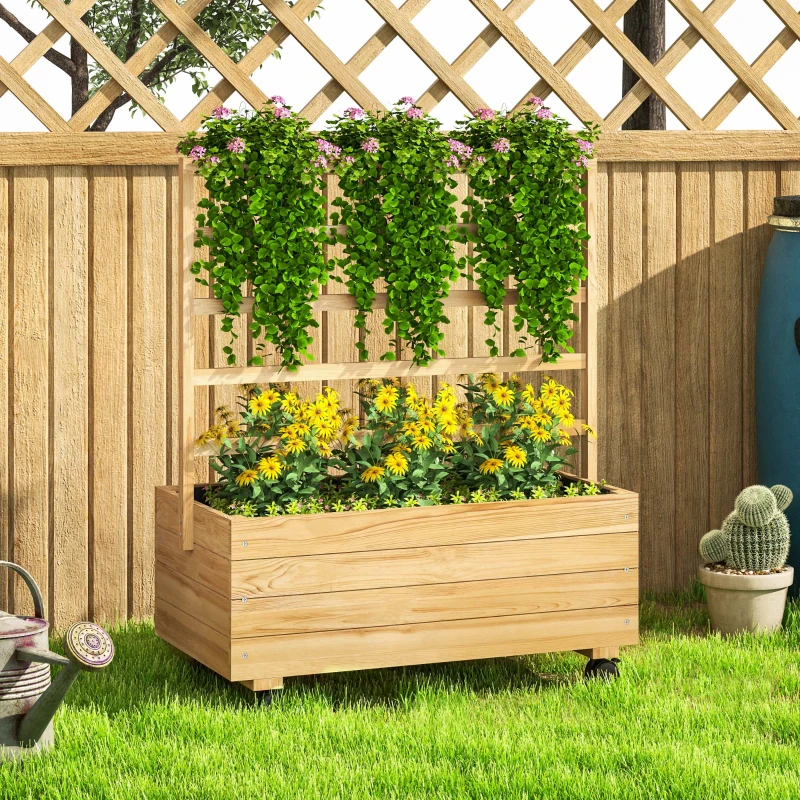 Outsunny Raised Garden Bed with Trellis and Wheels, Outdoor Planter Wooden Elevated Garden Bed for Garden, Patio, Natural