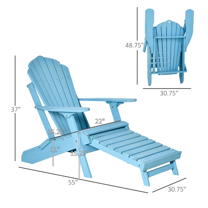 Outsunny Folding Adirondack Chair with Ottoman, Outdoor Wooden Lounger for Patio, Porch, Poolside, Garden, Blue