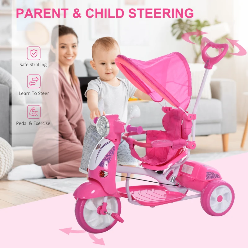 Qaba Children Ride-On Moped Tricycle with a Stylish Design & Interactive Music & Lighting Functions Blue