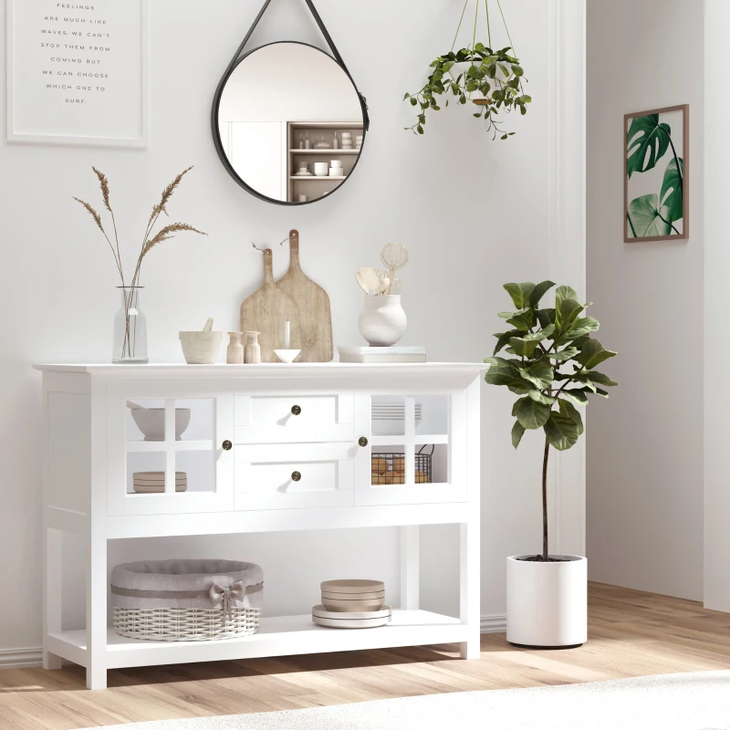 HOMCOM Coffee Bar Cabinet, Kitchen Cabinet with Adjustable Shelves, Glass Doors and 2 Drawers, Sideboard Buffet Cabinet for Living Room, White
