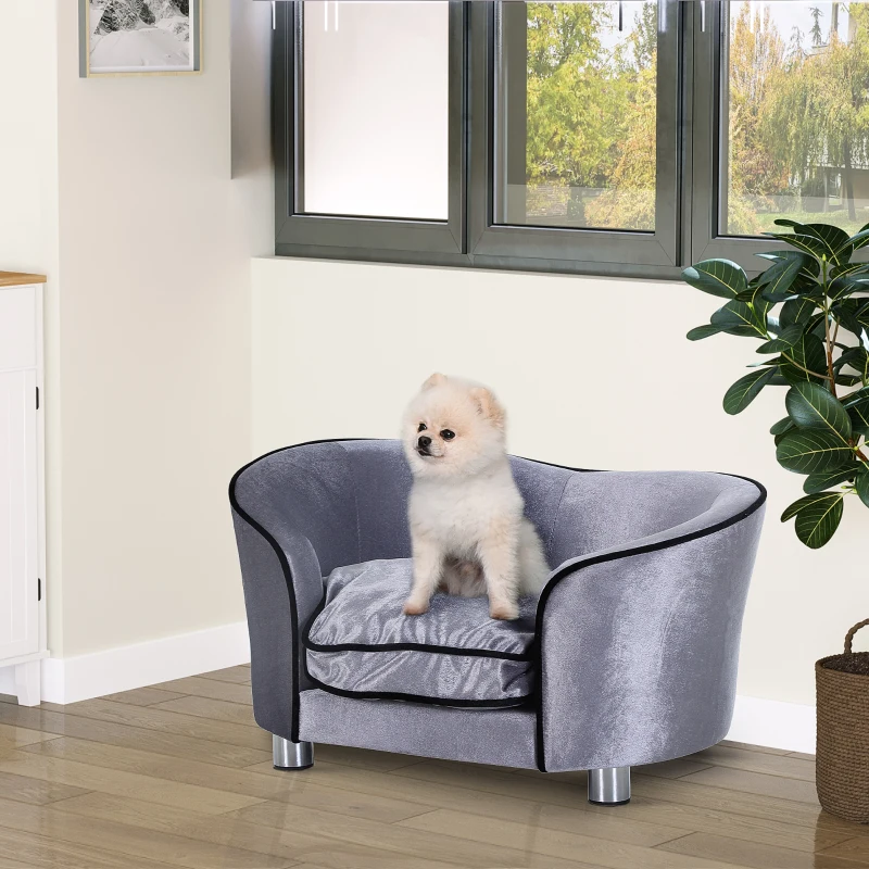 PawHut Pet Sofa Bed Dog Cat Cozy Puppy House Couch Furniture with Removable Cushion, Light Grey