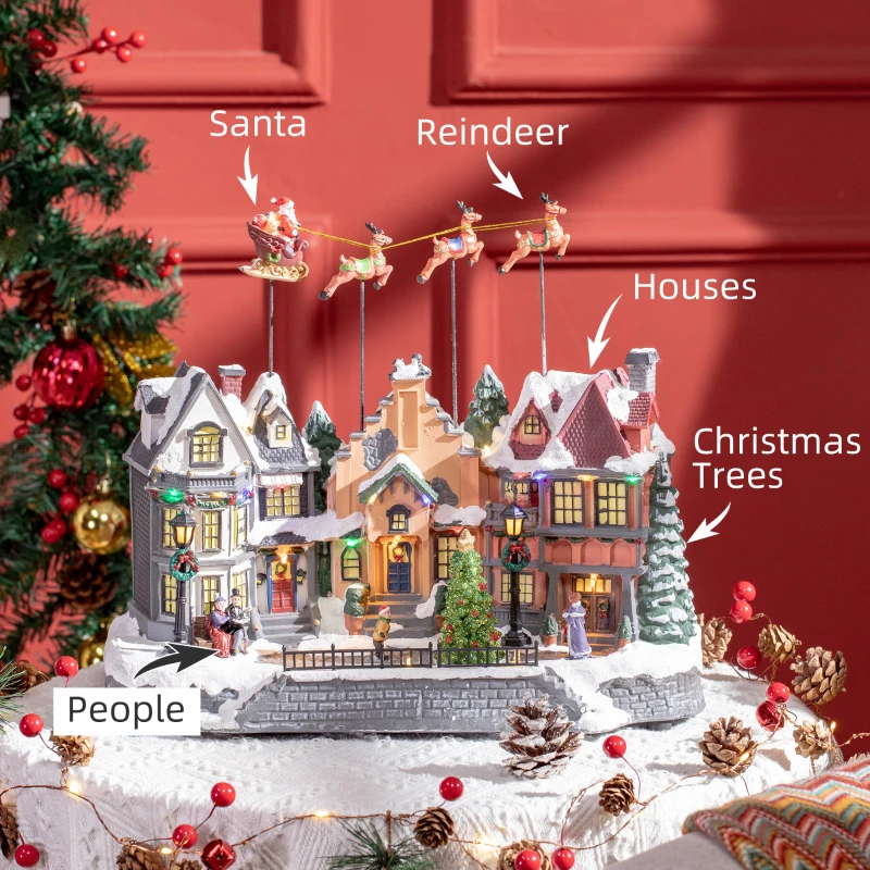 HOMCOM Christmas Village, Santa & Deer Skating Pond Animated Winter Wonderland Set with Multicolored LED Light, Battery Operated Christmas Decoration