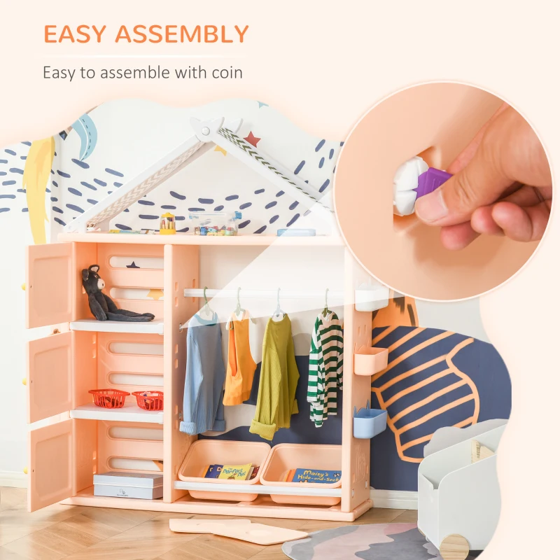 Qaba Kids Dress Up Storage, Multifunctional Kids Wardrobe Closet Hanging Rack Built for Kids Bedroom Storage, Featuring Bins, Cabinets, Top Shelf, and Drop-In Shelves, Orange