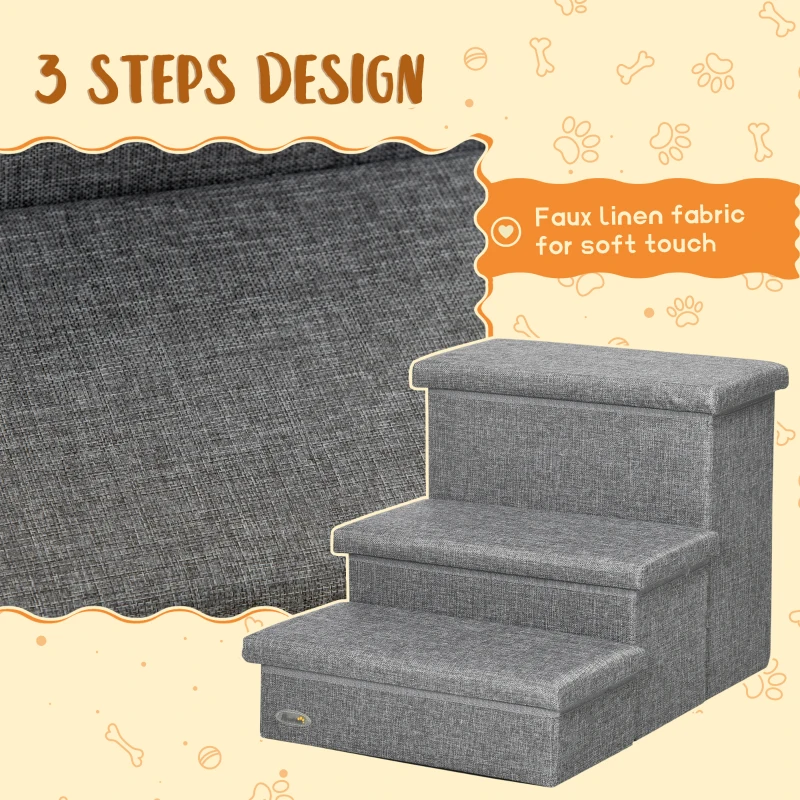 PawHut Dog Stairs, 3-Tier Dog Steps for High Bed Couch with Storage Box, Portable Dog Ramp Home Ladder for Small Cat and Dog