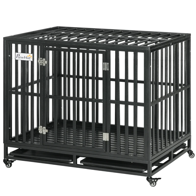 PawHut Heavy Duty Dog Crate Metal Kennel and Cage Dog Playpen with Lockable Wheels, Slide-out Tray and Anti-Pinching Floor, 41" x 29.5" x 35"