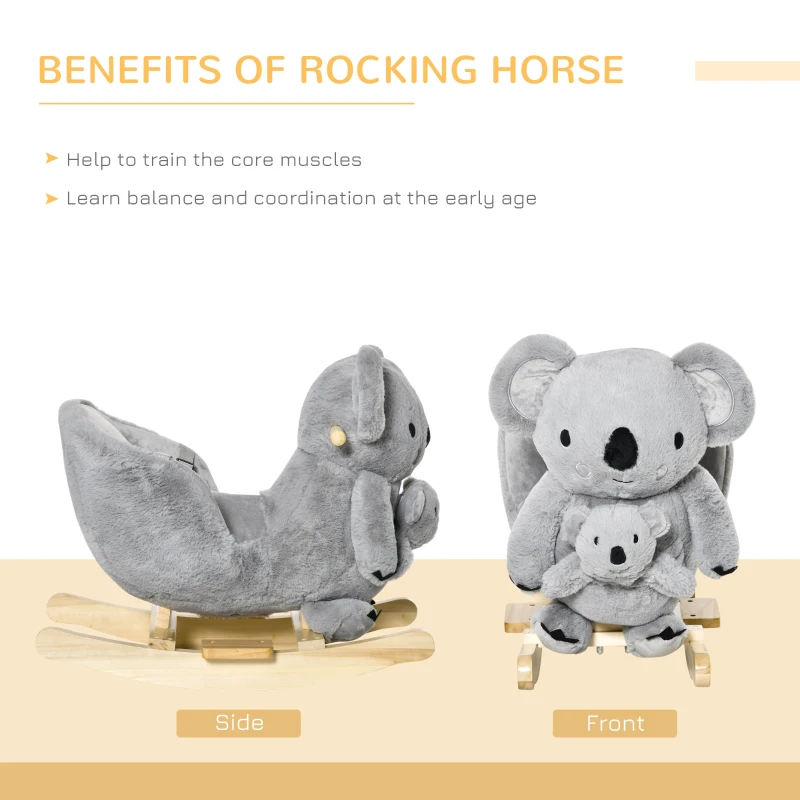 Qaba Baby Rocking Horse Koala Design Plush Stuffed Rocking Chair, Wooden Rocking Horse with Sound, Seat Belt for Boys and Girls Gift, Grey