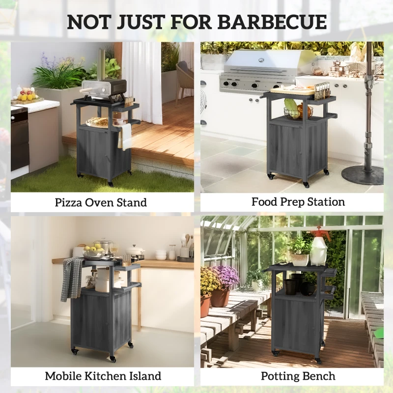 Outsunny Outdoor Grill Cart with Stainless Steel Top, Solid Wood Outdoor Kitchen Island with Wheels, Integrated Hole, Dark Gray
