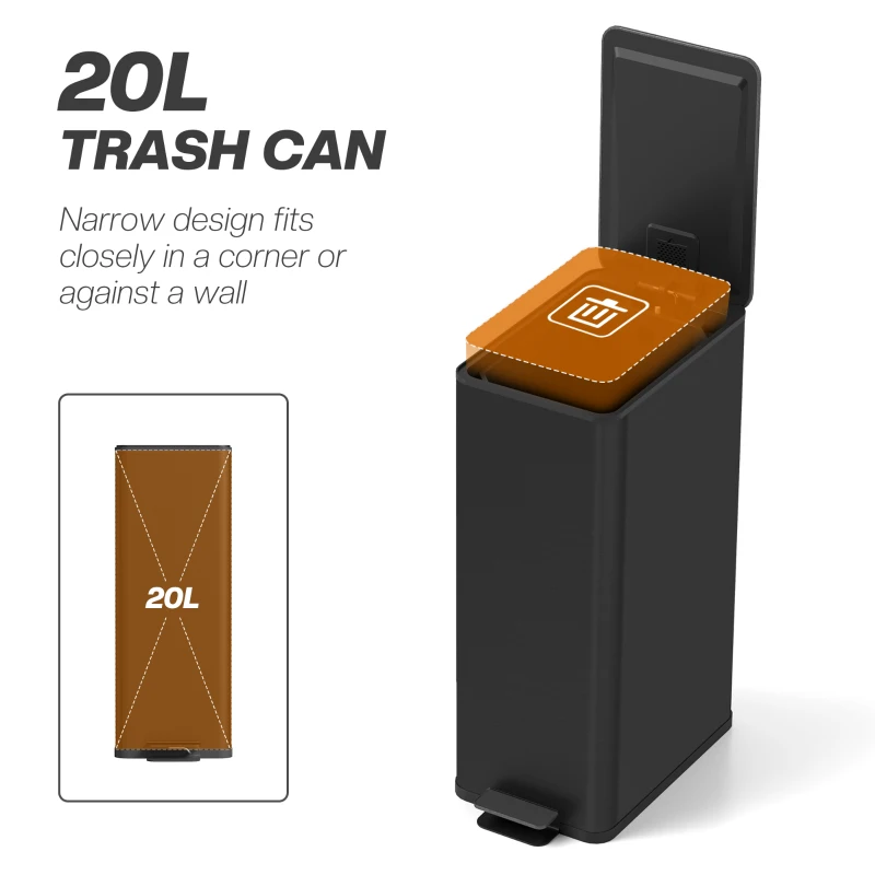 HOMCOM 5.3 Gallon Stainless Steel Kitchen Garbage Can with Soft-close Lid, Foot Pedal, Fingerprint-Proof, Black