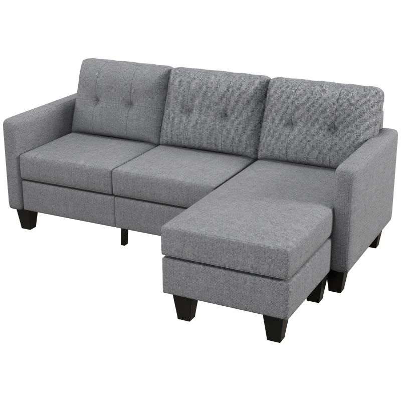 HOMCOM L-shaped Sofa, 3 Seater Couch with Ottoman, Corner Sofa with Thick Padded Cushion and Wood Legs, Light Grey