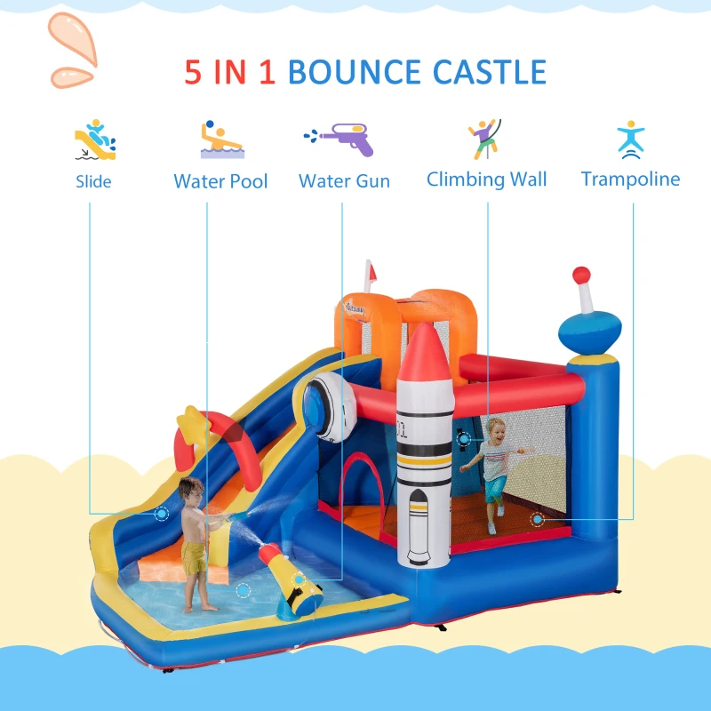 Outsunny 5-in-1 Kids Bounce House Inflatable Water Slide with Pool, Water Cannon, Climbing Wall, Inflator Included, Jumping Castle Kids Backyard Activity Outdoor Water Play Toy