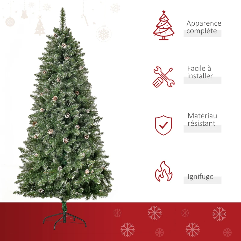 HOMCOM 6ft Unlit Snow-Dipped Fir Artificial Christmas Tree, Holiday Xmas Tree with Realistic Branches, Pine Cones and 718 Tips