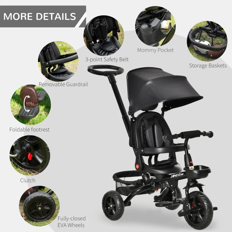 Qaba Tricycle for Toddler 4 in 1 Kids Trike with Reversible Adjustable Seat, Baby Push Bike with Removable Handle, Canopy, Belt Storage Brake Clutch for 1-5 Years, Black
