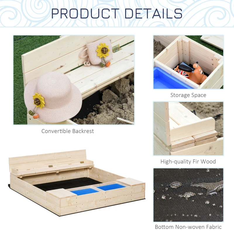 Outsunny Kids Wooden Sandbox w/ Two Plastic Boxes Foldable Bench Seat Waterproof Cover Bottom Liner Storage Space