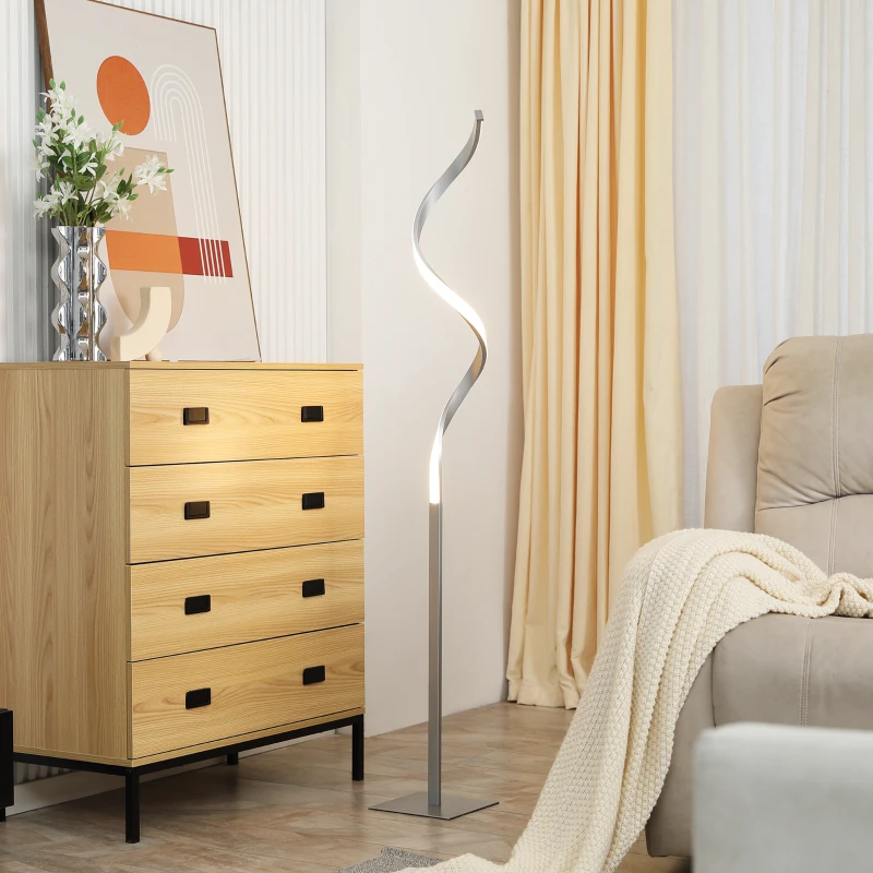 HOMCOM Modern Spiral Floor Lamp, LED Standing Lamp Warm White with Square Base and Foot Switch for Living Room, Bedroom, Set of 2, Silver