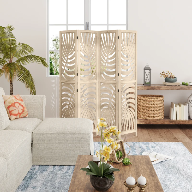 HOMCOM 4 Panel Room Divider, Detachable Folding Privacy Screens with Palm Leaf Design for Home Office, Natural Wood Finish