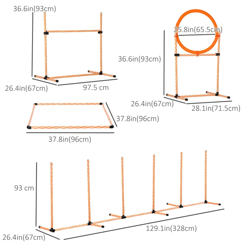 PawHut 4PC Portable Pet Agility Training Set Hurdle for Dog Obstacle Exercise with Adjustable Height Jump Ring High Jumper Weave Poles Square Pause Box Carry Bag Whistle Orange and White