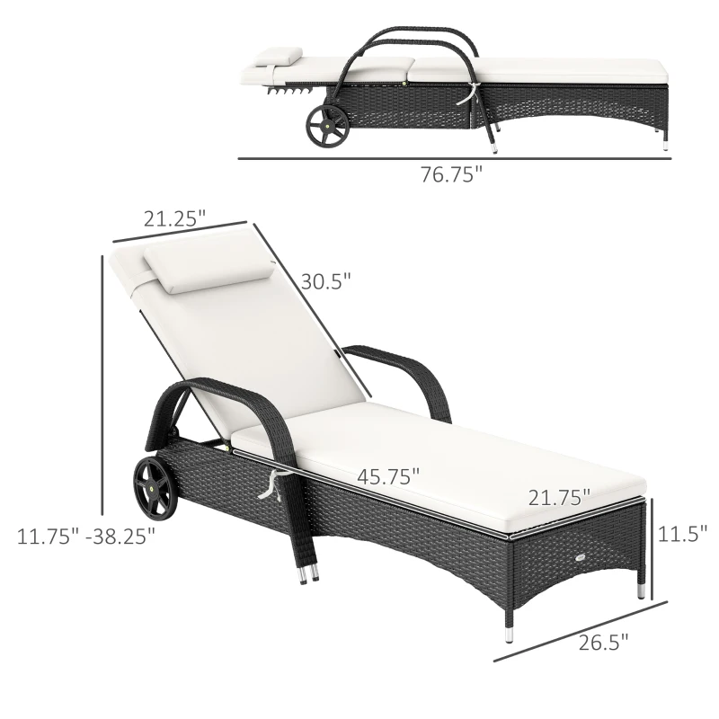 Outsunny 2 Reclining Chaise Lounge Chairs, Rolling Outdoor Chairs with Cushion, Pillow, Headrest, Armrests, and Wheels, Cream
