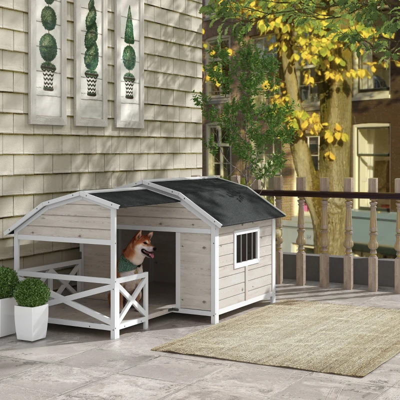 PawHut Wooden Dog House Outdoor with Porch, Raised Pet Kennel for Medium Large Dogs, with Asphalt Roof, Front Door, Side Windows, Gray