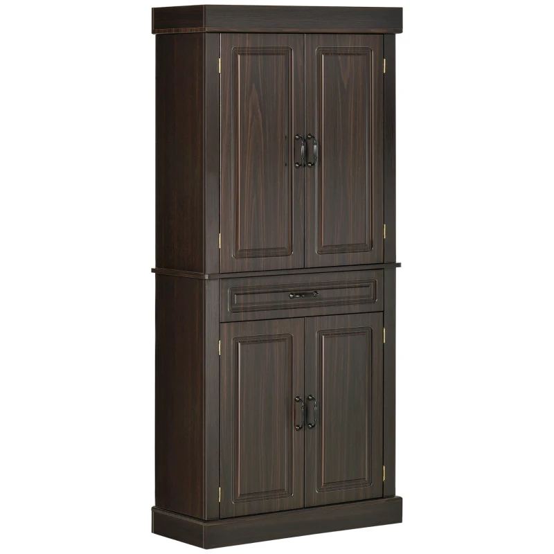 HOMCOM 71" Freestanding Kitchen Pantry with 4 Doors and 2 Cabinets, Tall Storage Cabinet for Kitchen, Distressed Coffee