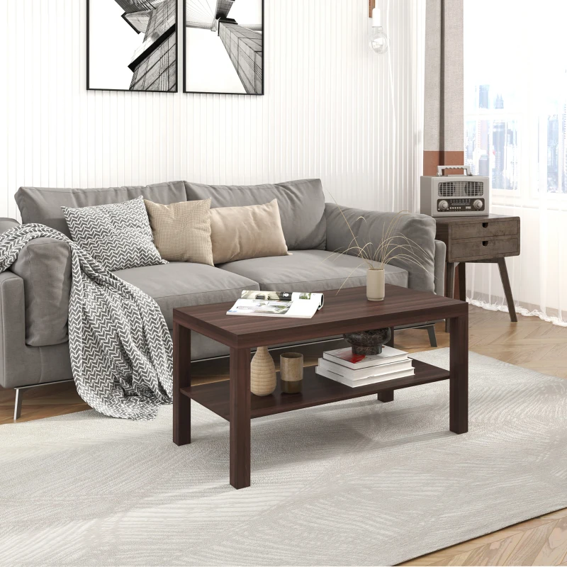 HOMCOM 2 Tier Coffee Table with Storage Shelf, Rectangular Center Table for Living Room, Home Office Furniture Walnut